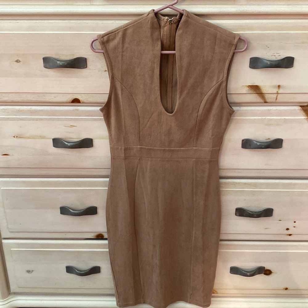 Tan Faux Suede Scoop Neck Dress